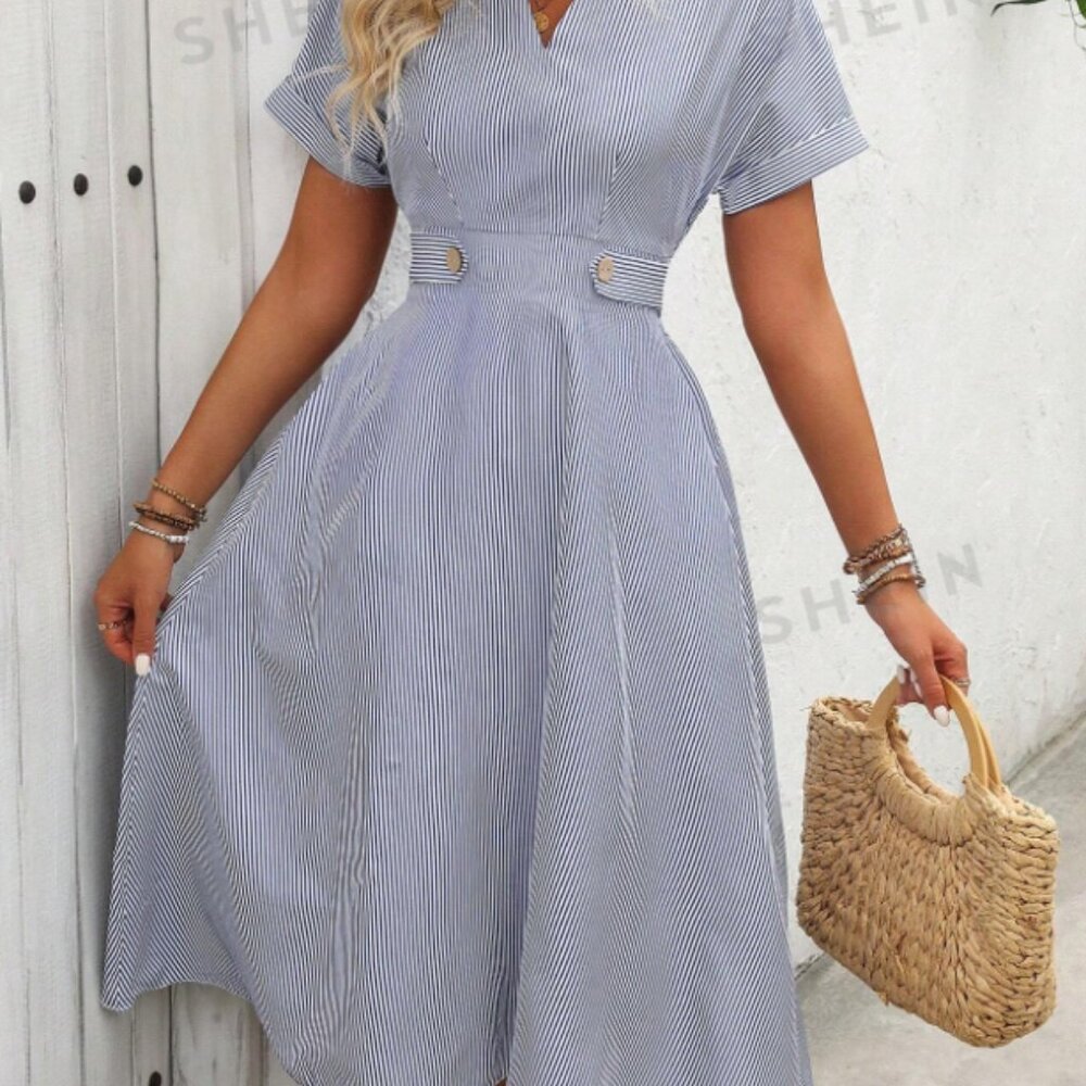 Women Summer Striped Short Sleeve Dress With V-Neck And Metal Button Decoration